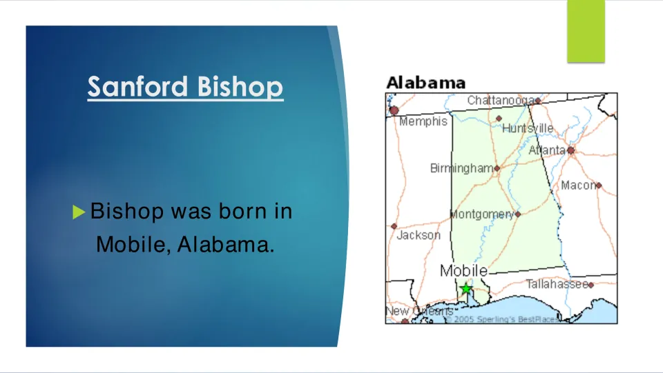 Birthplace slide stating that Sanford Bishop was born in Mobile, Alabama, beside a map marking Mobile