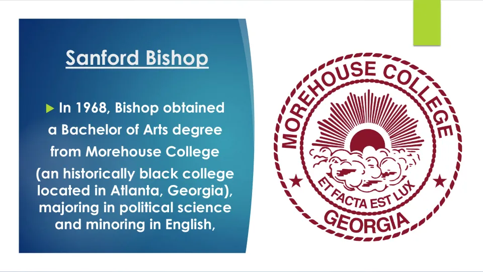 Education slide covering Bishop’s 1968 Morehouse College B.A., political science major, and English minor