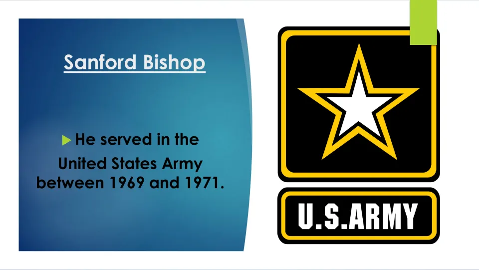 Military service slide stating that Sanford Bishop served in the United States Army from 1969 to 1971