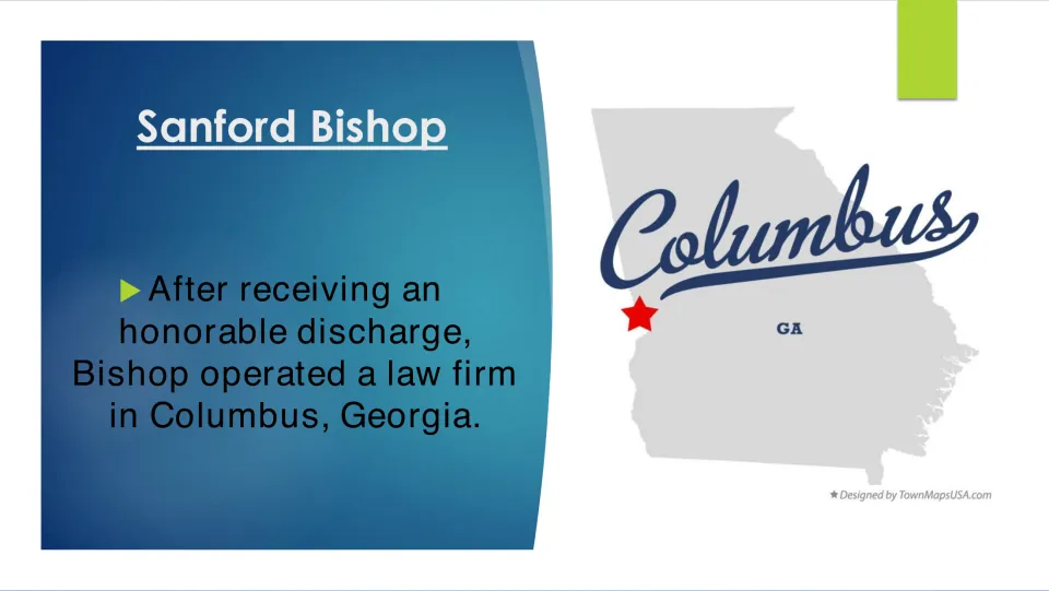 Law career slide describing Bishop’s law firm in Columbus, Georgia, following his honorable discharge