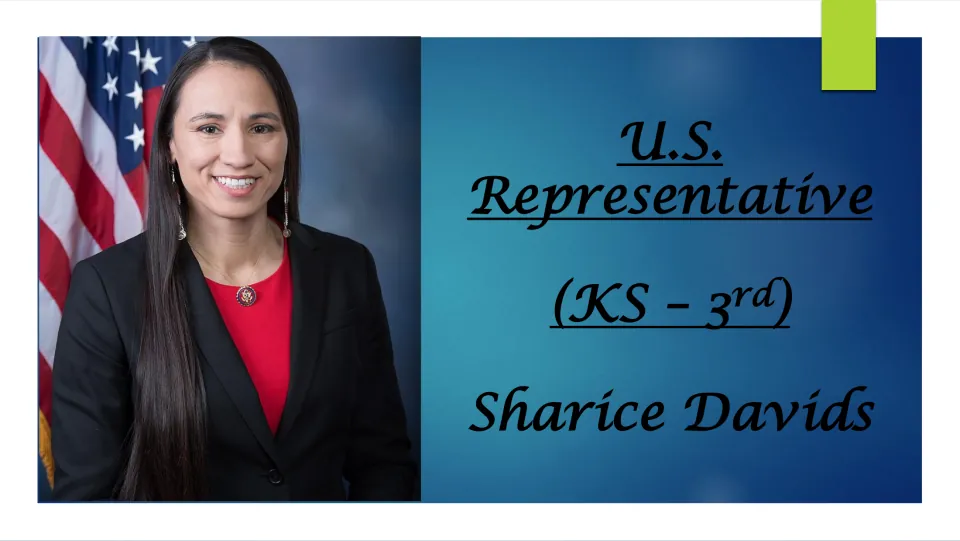 Biography presentation cover identifying Sharice Davids as U.S. Representative for Kansas' 3rd district