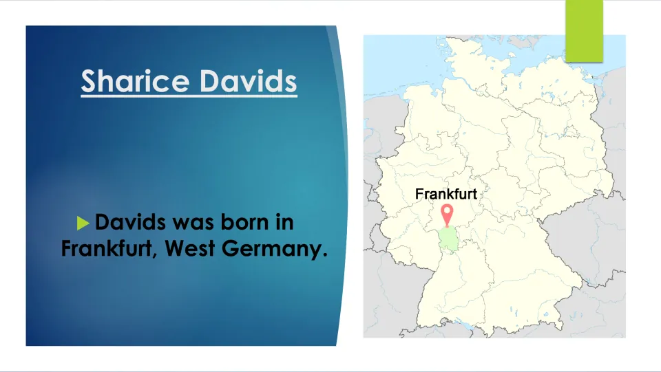 Birthplace slide stating that Sharice Davids was born in Frankfurt, West Germany, with Frankfurt marked on a map