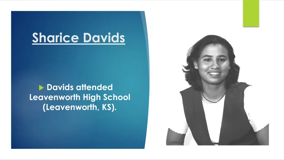 High school biography slide stating that Davids attended Leavenworth High School in Leavenworth, Kansas
