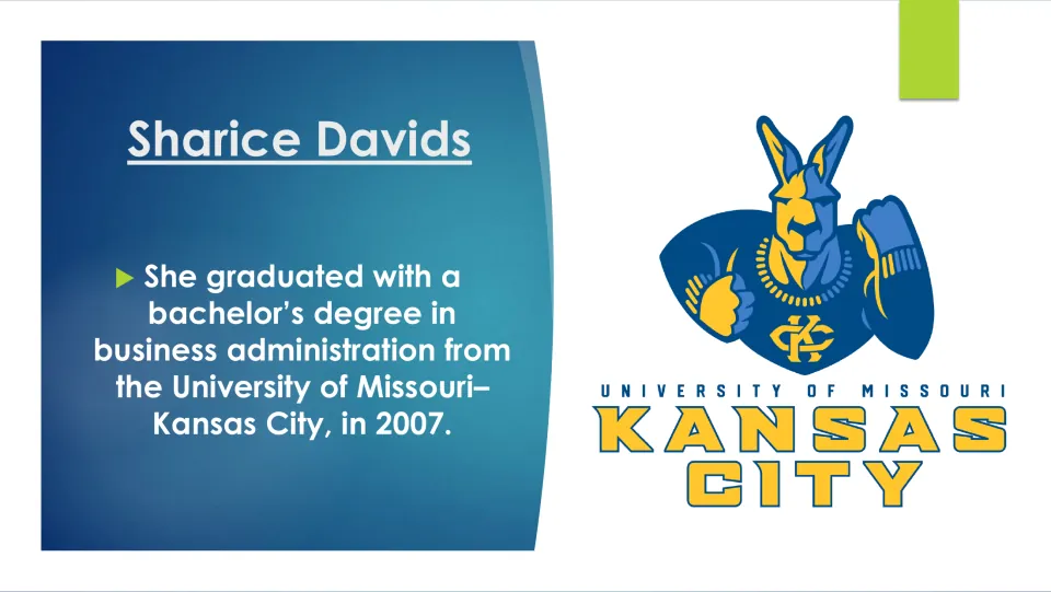 Education slide detailing Davids' 2007 bachelor's degree in business administration from UM–Kansas City