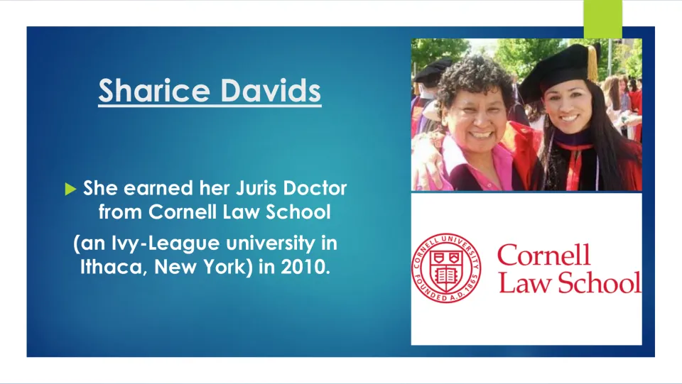 Law school biography slide stating that Davids earned her Juris Doctor from Cornell Law School in 2010