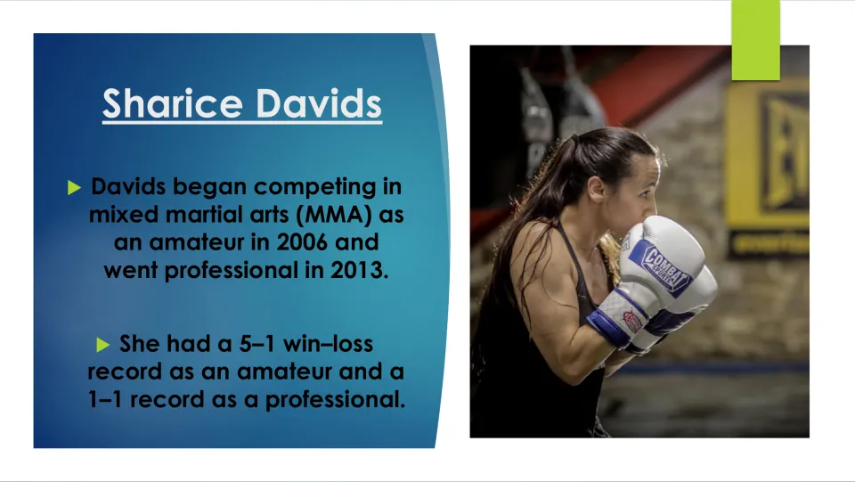 MMA biography slide tracing Davids' amateur start in 2006, professional debut in 2013, and 5–1 and 1–1 records