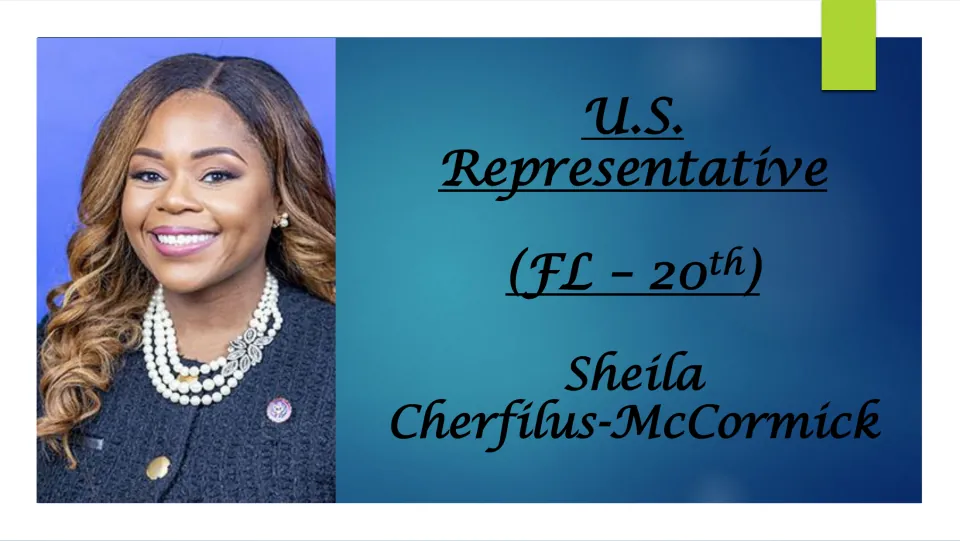 Biography cover introducing U.S. Representative Sheila Cherfilus-McCormick of Florida’s 20th district