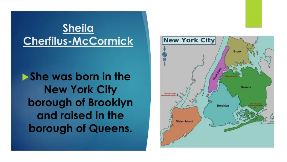 Early-life biography slide stating she was born in Brooklyn and raised in Queens, with a New York City map