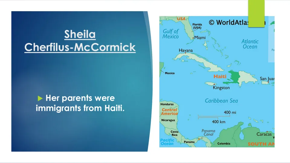Family-background biography slide stating her parents were immigrants from Haiti, with a Caribbean map