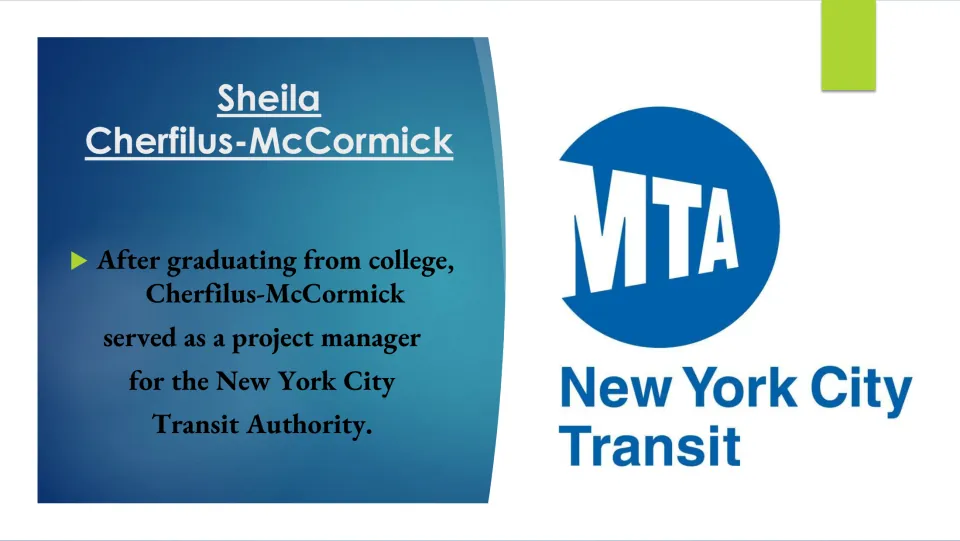 Career biography slide describing her work as a project manager for the New York City Transit Authority