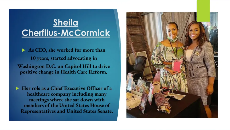 Career biography slide describing her healthcare reform advocacy on Capitol Hill and meetings with lawmakers
