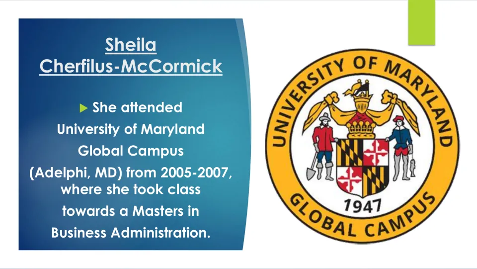 Education slide describing her 2005–2007 MBA coursework at University of Maryland Global Campus