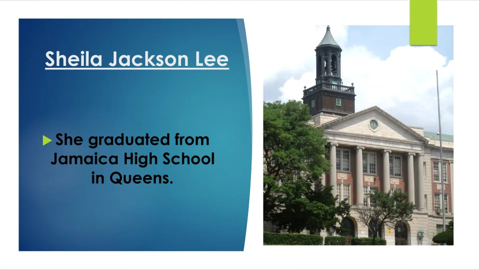 Biography slide on Sheila Jackson Lee’s graduation from Jamaica High School in Queens, with a school photo