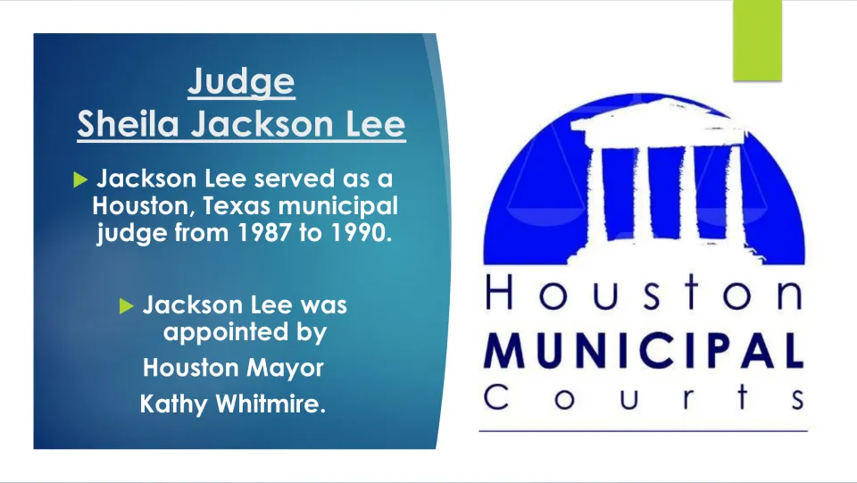 Biography slide on Sheila Jackson Lee’s 1987–1990 Houston municipal judgeship and appointment by Kathy Whitmire