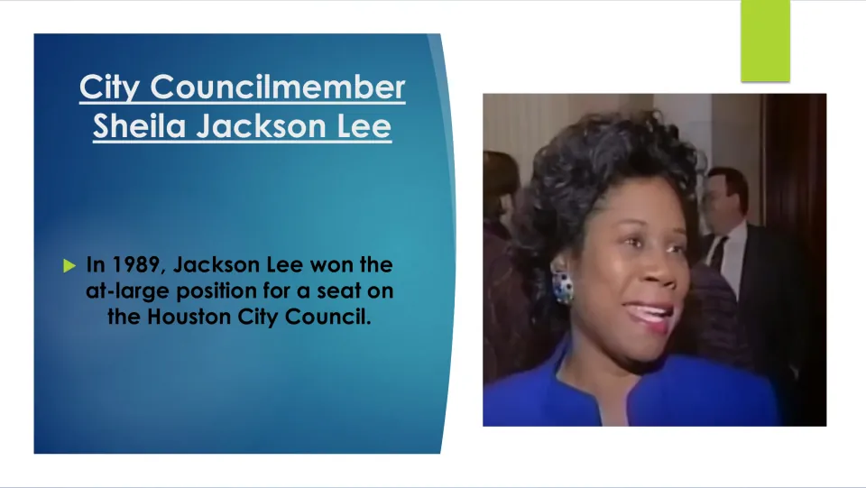 Biography slide describing Sheila Jackson Lee’s 1989 election to an at-large seat on Houston City Council