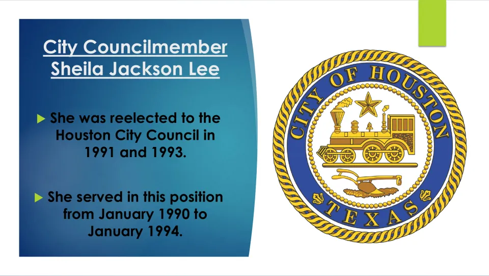 Biography slide listing Sheila Jackson Lee’s 1991 and 1993 council reelections and January 1990–1994 service