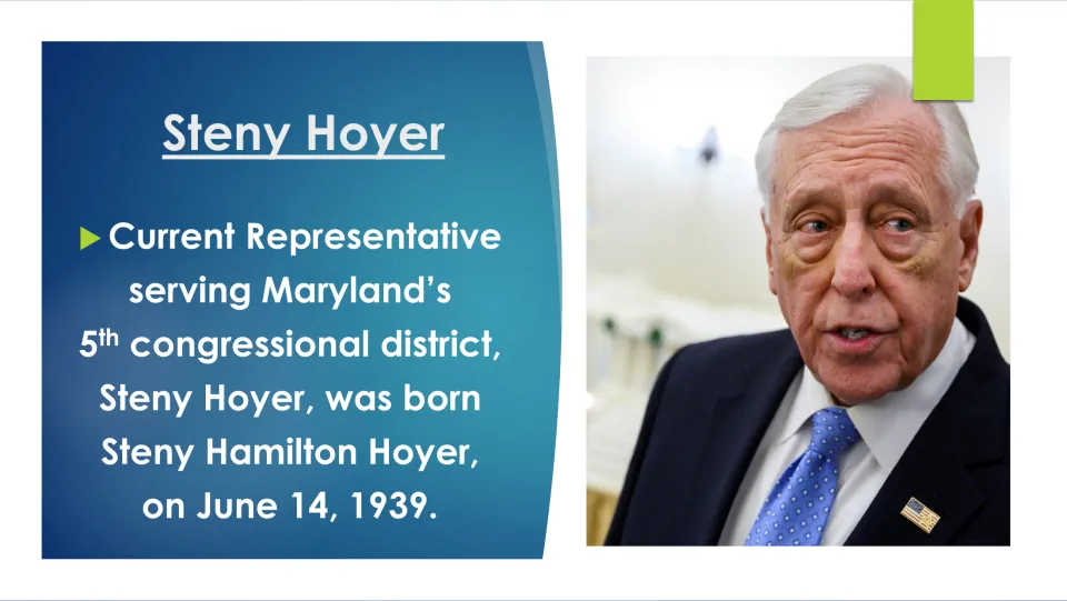 Biography slide introducing Maryland Representative Steny Hoyer and his birth date of June 14, 1939