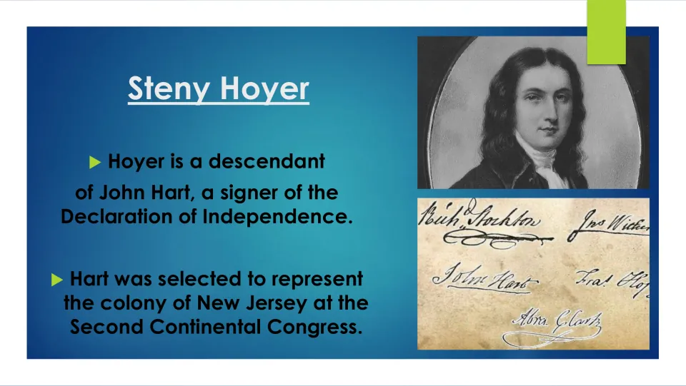 Ancestry slide linking Steny Hoyer to John Hart, a Declaration signer who represented colonial New Jersey