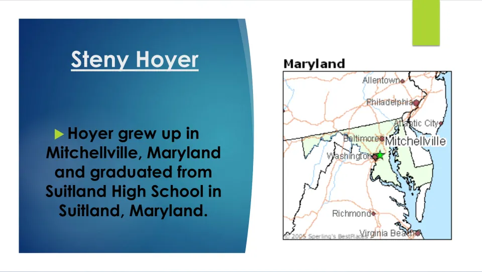 Childhood slide naming Mitchellville, Maryland, as where Hoyer grew up and Suitland High School as his school