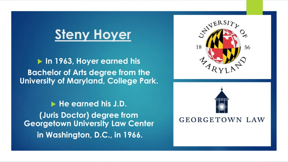 Education slide listing Hoyer’s 1963 University of Maryland B.A. and 1966 Georgetown University law degree