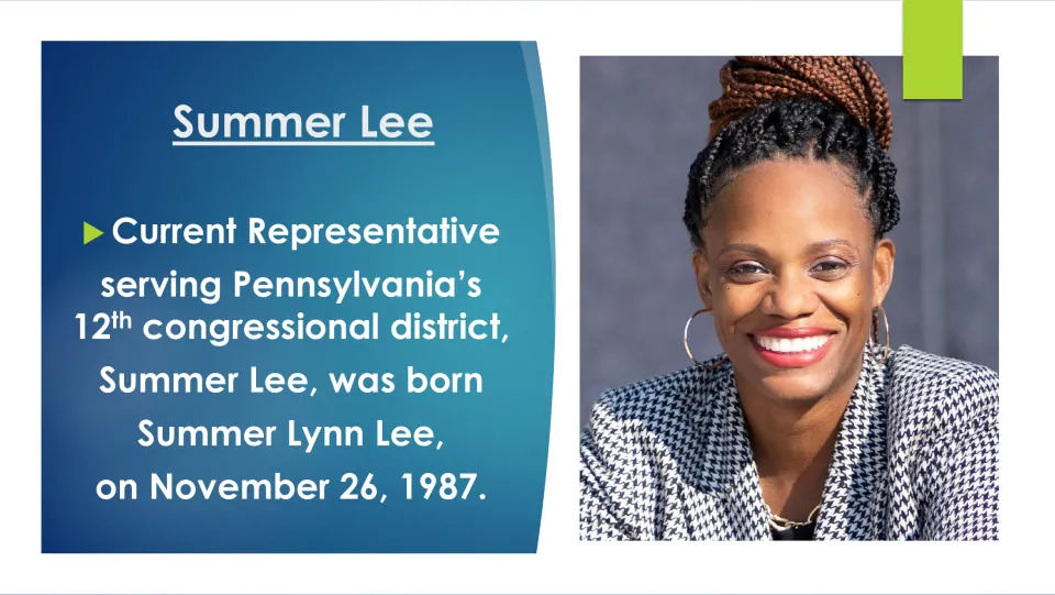Biography slide naming Summer Lynn Lee, born November 26, 1987, as Pennsylvania’s 12th district representative