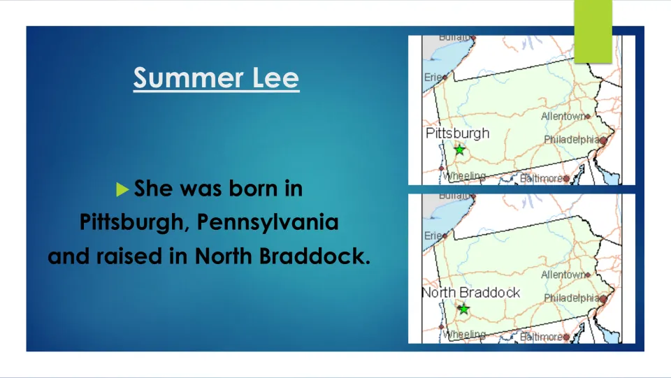 Biography slide stating Summer Lee was born in Pittsburgh and raised in North Braddock, with location maps