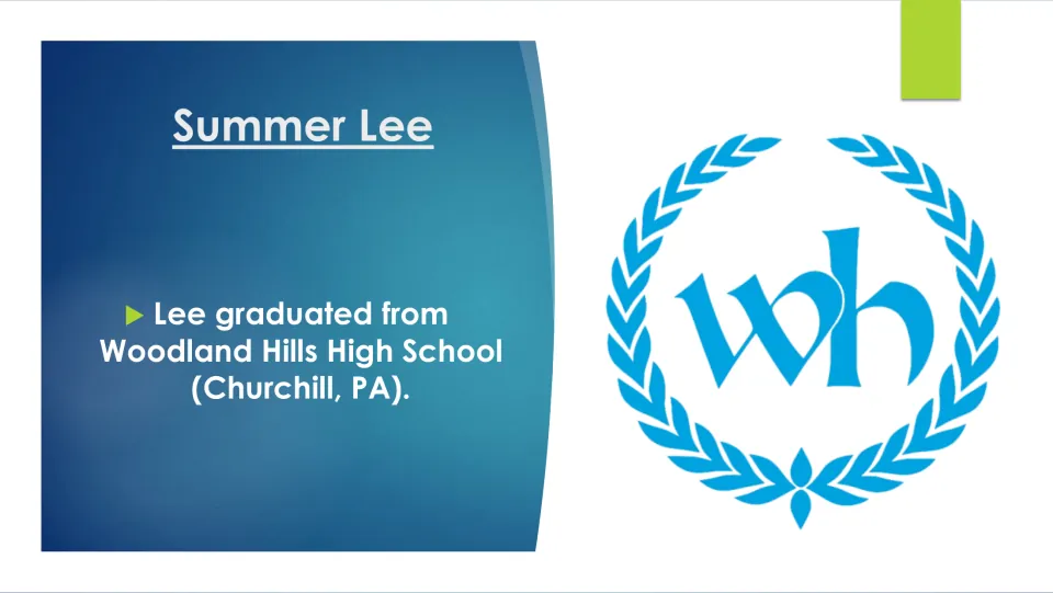 Biography slide describing Summer Lee’s graduation from Woodland Hills High School in Churchill, Pennsylvania