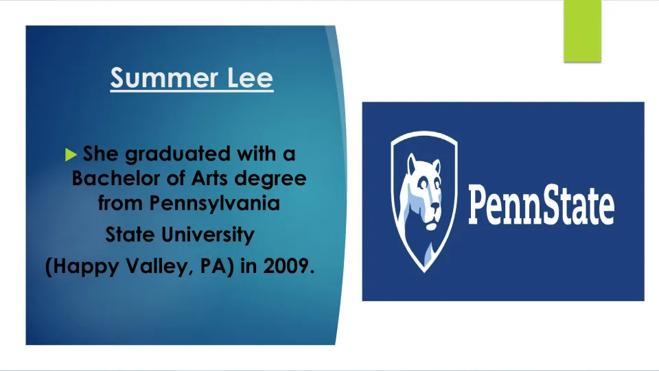 Biography slide stating Summer Lee earned a Bachelor of Arts from Pennsylvania State University in 2009