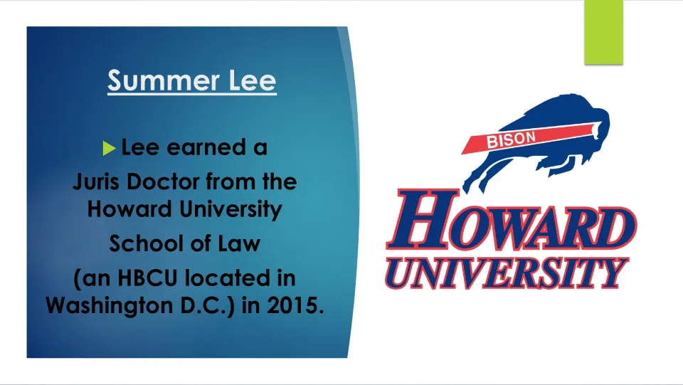 Biography slide stating Summer Lee earned a Juris Doctor from Howard University School of Law in 2015
