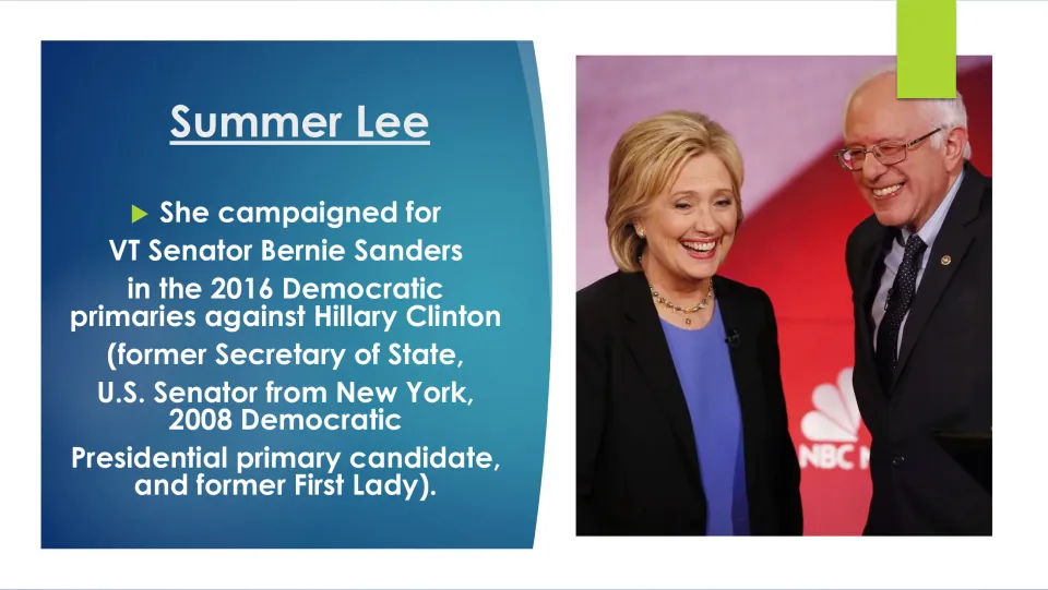 Biography slide describing Summer Lee’s campaigning for Bernie Sanders against Hillary Clinton in the 2016 primary