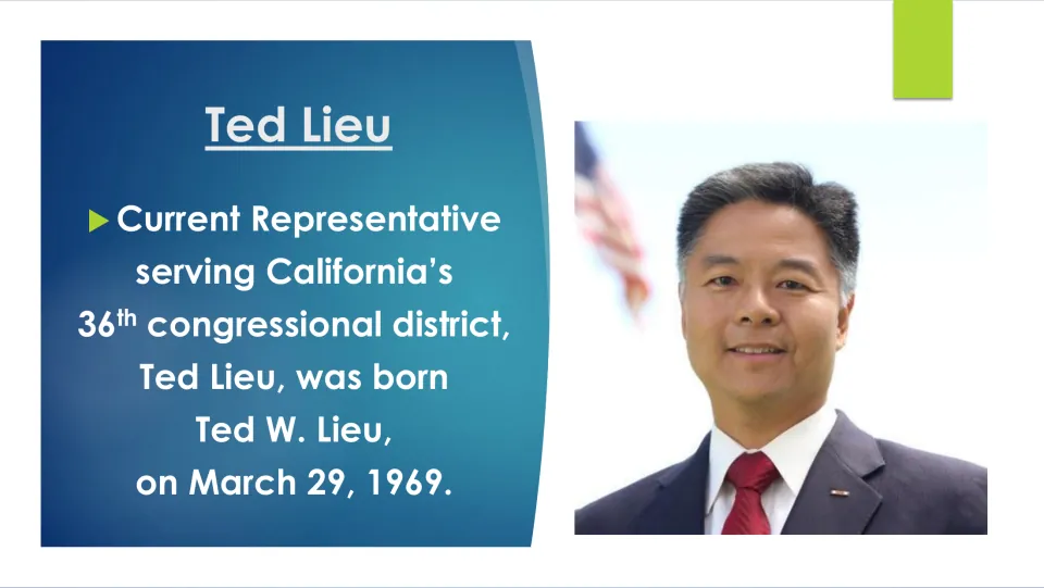 Biography slide introducing Representative Ted Lieu and giving his birth name and March 29, 1969 birth date