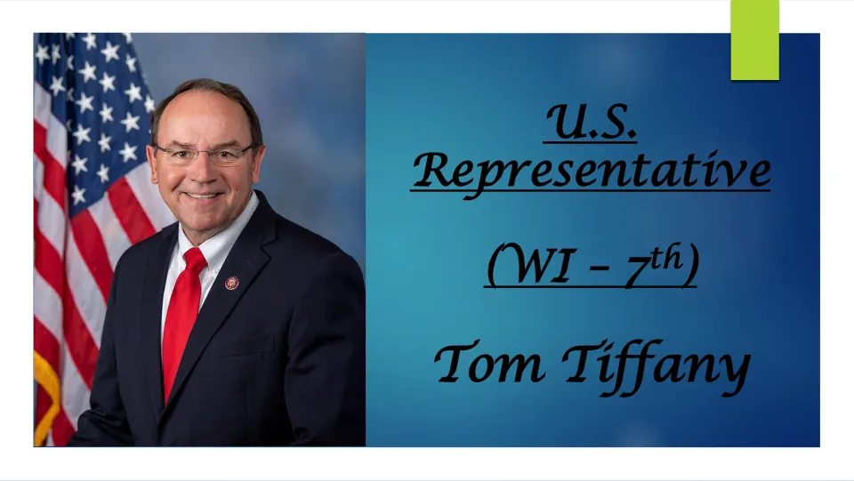 Biography presentation cover identifying Tom Tiffany as U.S. Representative for Wisconsin’s 7th district