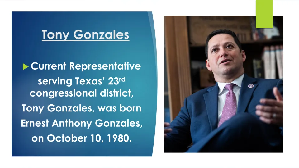 Biography slide giving Tony Gonzales' full name, Ernest Anthony Gonzales, and October 10, 1980 birthdate