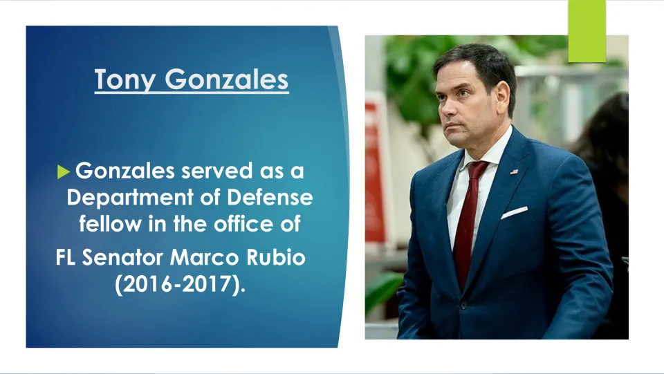 Career slide describing Gonzales' 2016–2017 Department of Defense fellowship in Senator Marco Rubio's office