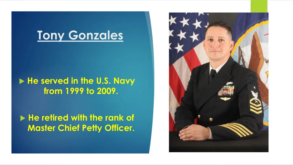 Military biography slide listing Gonzales' Navy service as 1999–2009 and retirement as Master Chief Petty Officer