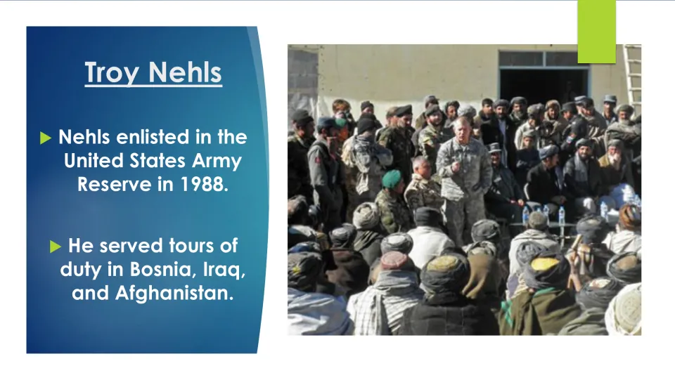 Biography slide on Nehls’ 1988 Army Reserve enlistment and tours in Bosnia, Iraq, and Afghanistan