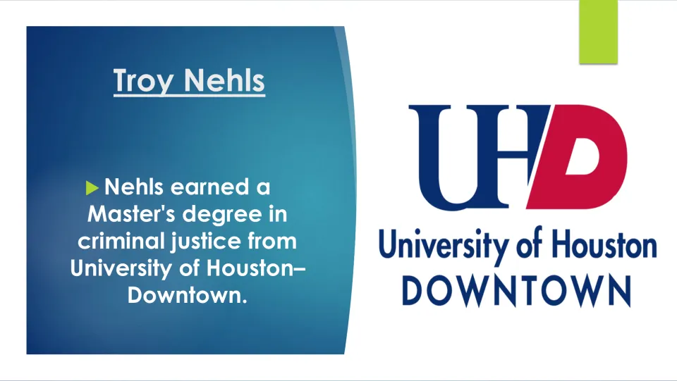 Biography slide on Nehls’ master’s degree in criminal justice from the University of Houston–Downtown