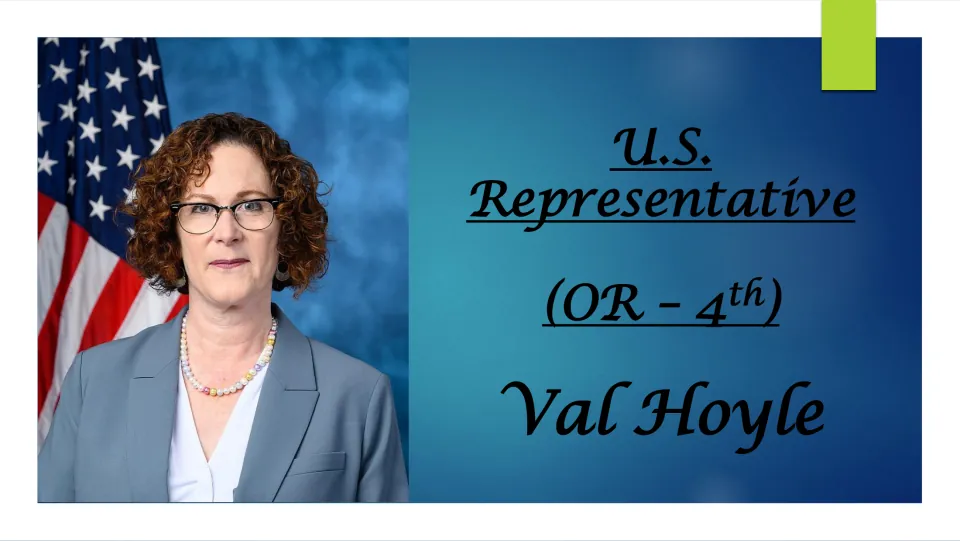 Biography presentation cover identifying Val Hoyle as U.S. Representative for Oregon’s 4th district