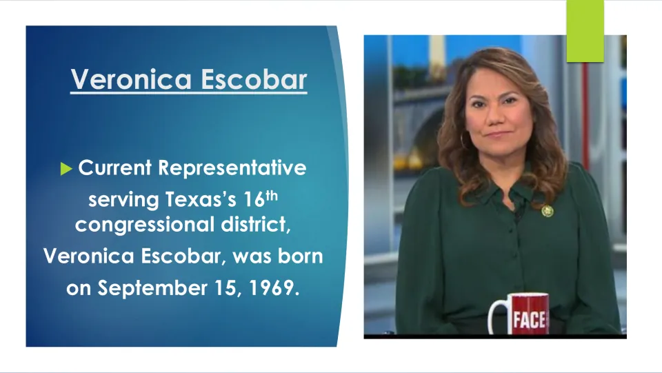 Biography slide identifying Veronica Escobar’s district and giving her birthdate as September 15, 1969