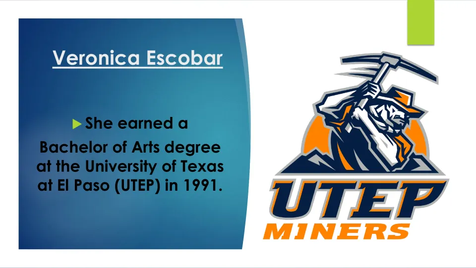 Education slide stating Escobar earned a Bachelor of Arts at the University of Texas at El Paso in 1991