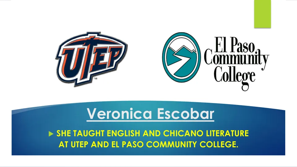 Career slide stating Escobar taught English and Chicano literature at UTEP and El Paso Community College