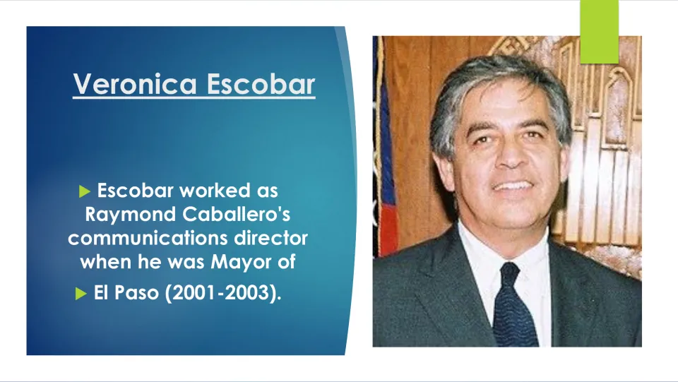 Career slide describing Escobar’s work as communications director for El Paso Mayor Raymond Caballero, 2001–2003