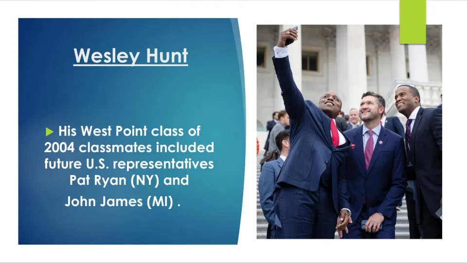 Biography slide naming Pat Ryan of New York and John James of Michigan as Hunt's 2004 West Point classmates