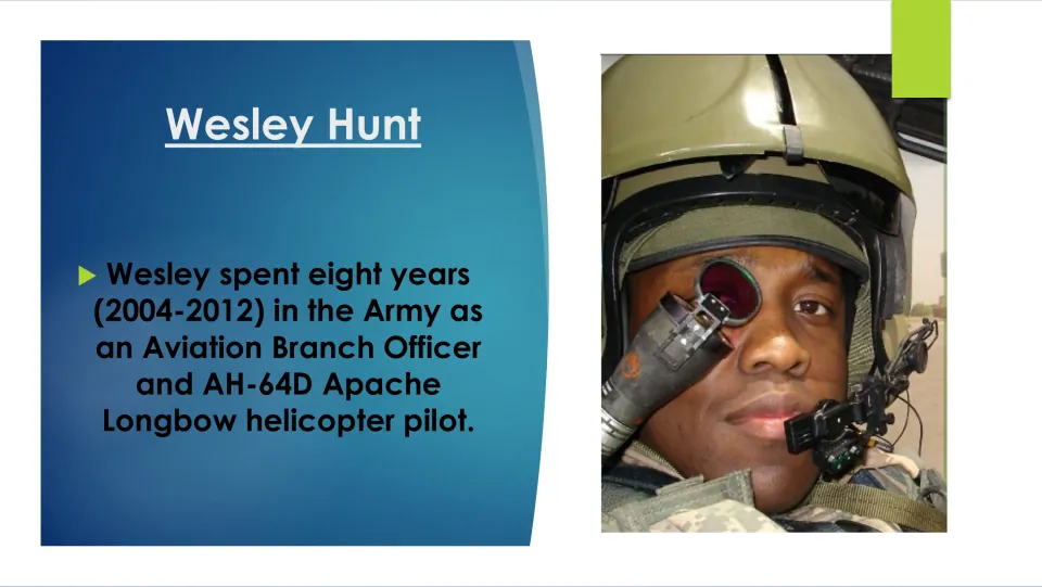 Army service slide describing Hunt's 2004–2012 work as an Aviation Branch Officer and Apache Longbow pilot