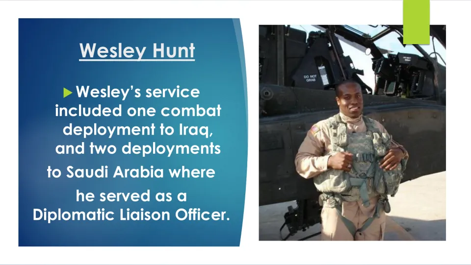 Army service slide listing Hunt's combat deployment to Iraq and two diplomatic liaison deployments to Saudi Arabia