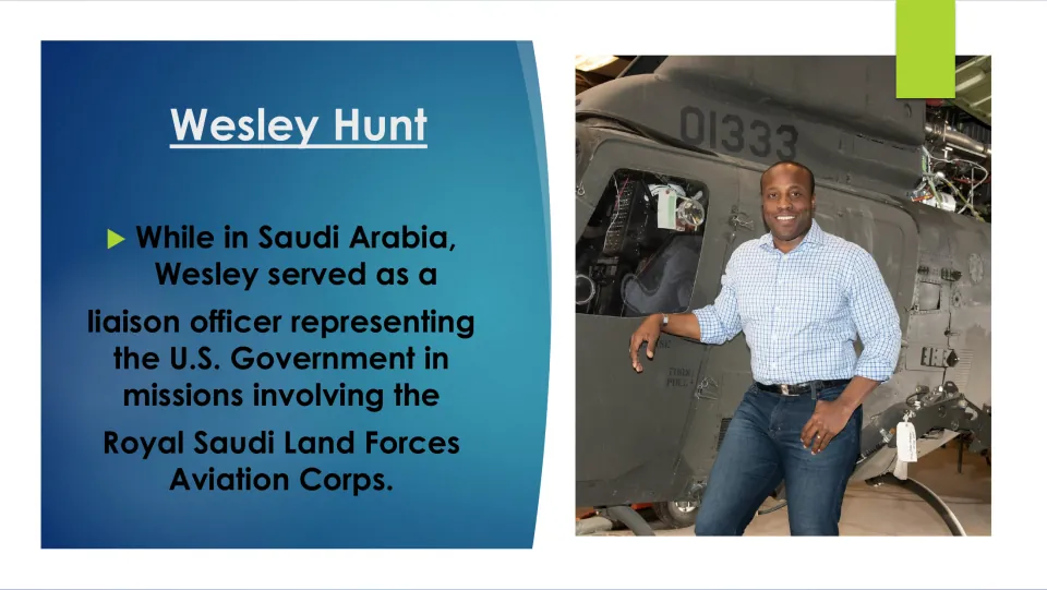 Army service slide on Hunt's U.S. government liaison role involving the Royal Saudi Land Forces Aviation Corps