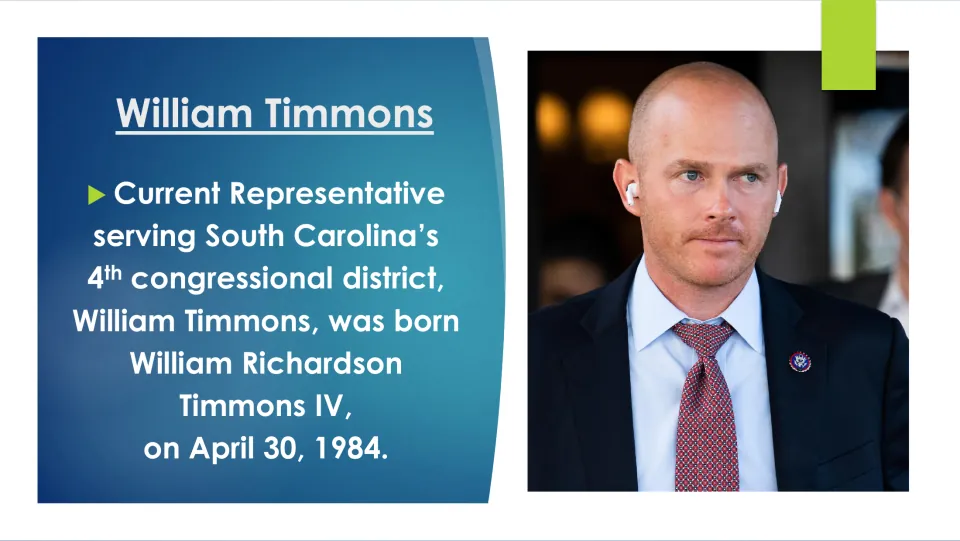 Biography slide identifying William Timmons's full name as William Richardson Timmons IV, born April 30, 1984