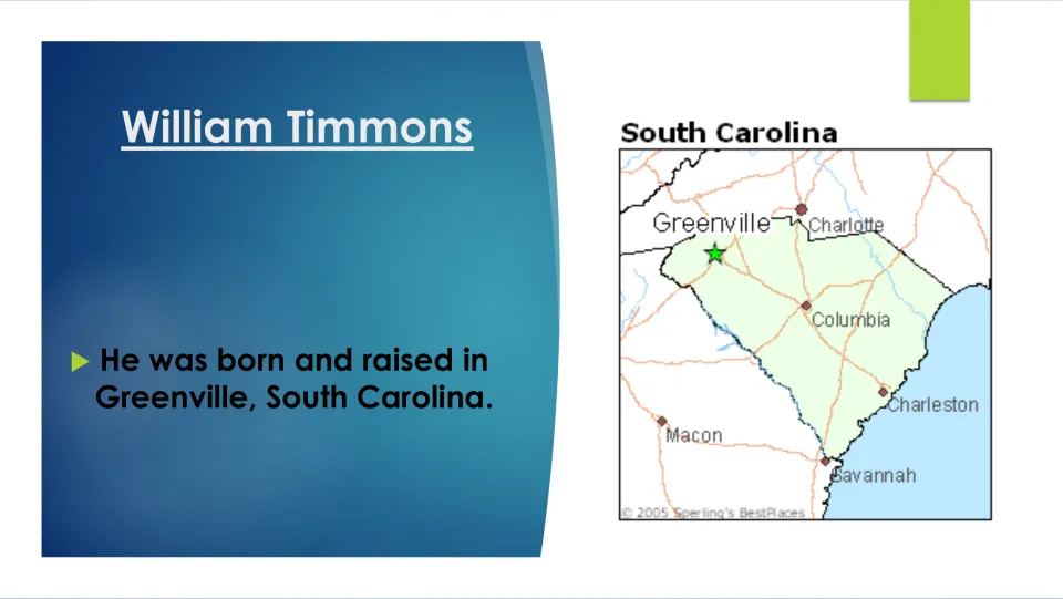 Biography slide stating William Timmons was born and raised in Greenville, with a South Carolina map