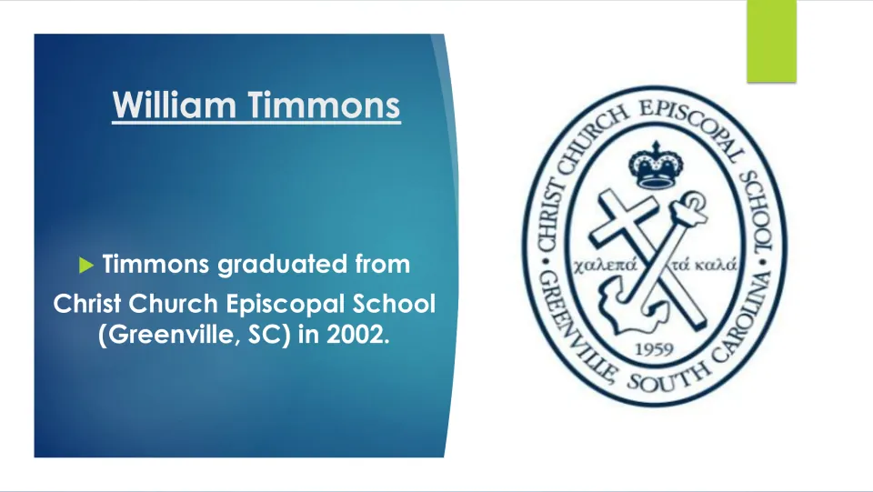 Education slide noting William Timmons graduated from Christ Church Episcopal School in Greenville in 2002