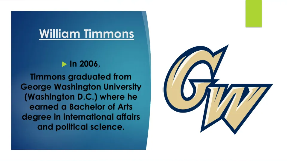 Education slide on Timmons's 2006 George Washington University degree in international affairs and political science